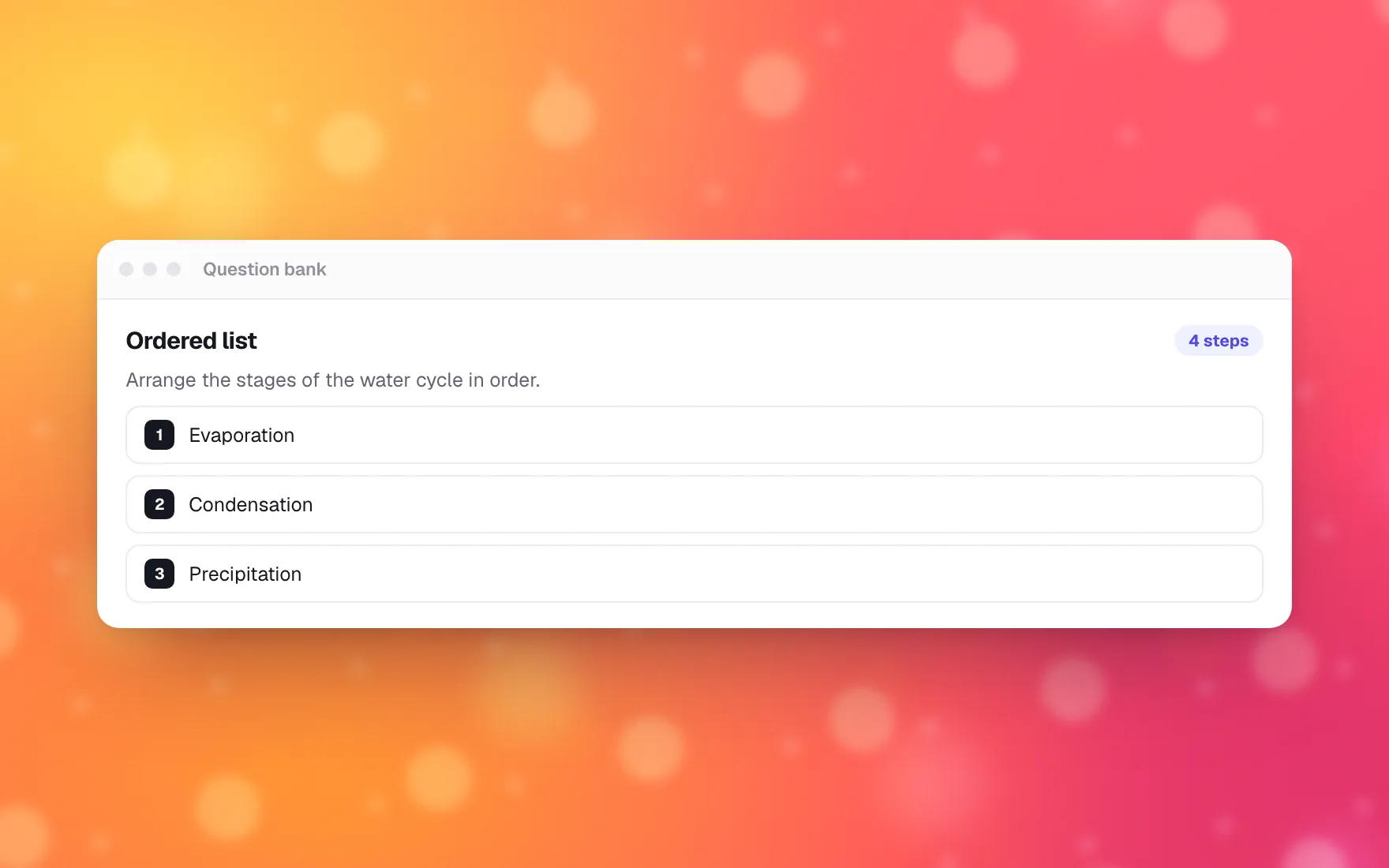 The question builder, with a multiple choice question open beside its answer key