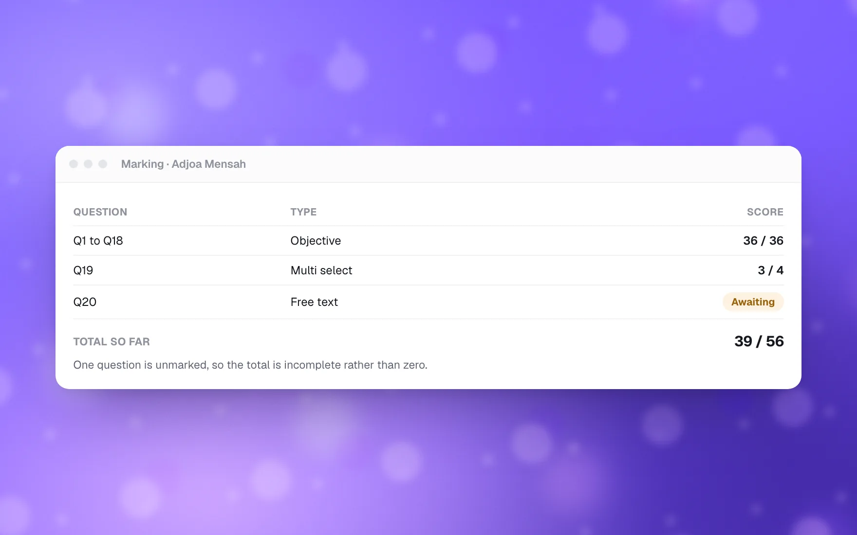 A marking screen with automatic scores and a free-text answer awaiting review